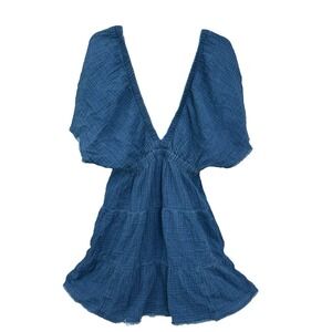 Aerie Pool To Party Flutter Sleeve Dress Cover Up Medium V Neck Gauzy Blue #C3-1